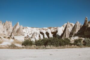 Capture of stunning rock formations under a clear blue sky in Cappadocia's unique landscape.
