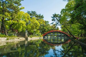 Picturesque view of green Sumiyoshi Grand Shrine temple territory in Osaka Japan on summer sunny day