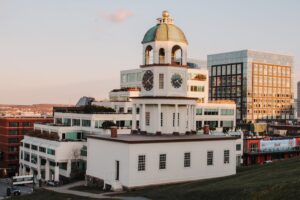 Scenic daylight view of the iconic Town Clock in Halifax, Nova Scotia.