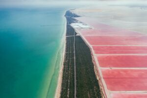 Stunning aerial view of pink salt flats beside the turquoise coast in Yucatan, Mexico.